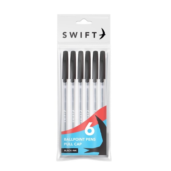 p3098b.jpg Pull Cap Ballpoint Pens, 6pk Black in pouch - Image 1