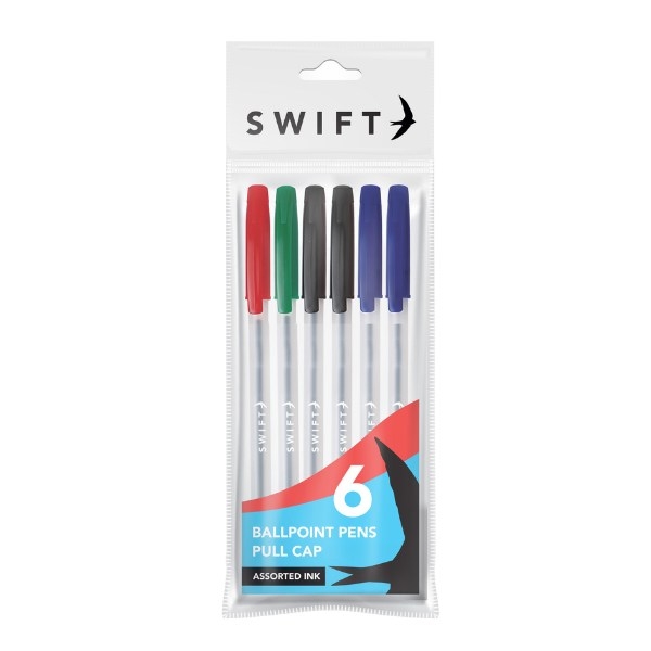 p3100b.jpg Pull Cap Ballpoint Pens, 6pk Assorted in pouch - Image 1